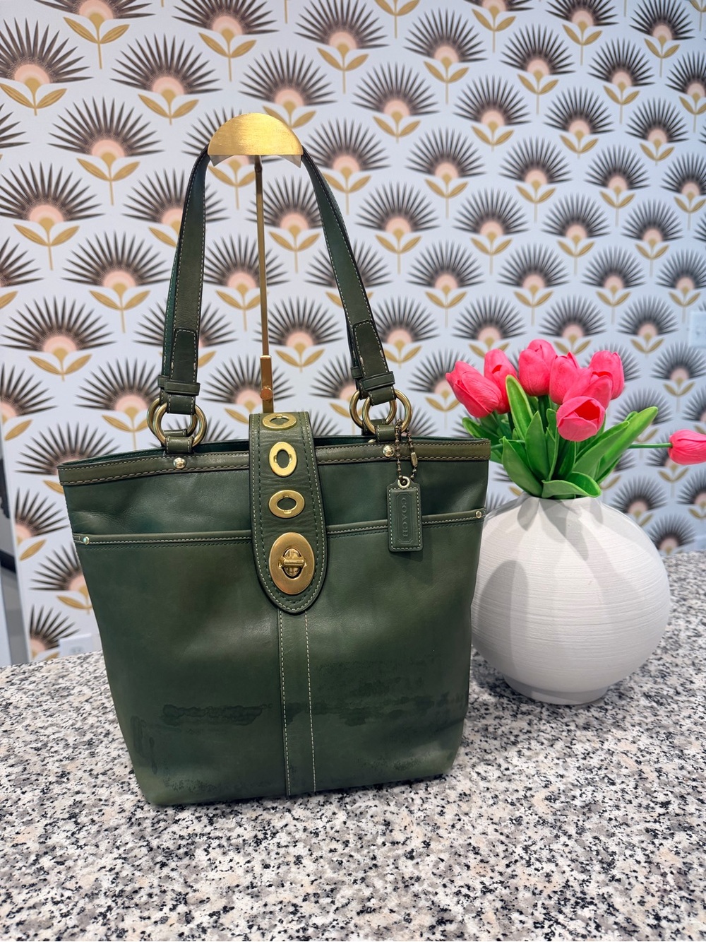 Coach Green Lily Legacy Leather Tote Bag with Signature Turnlock